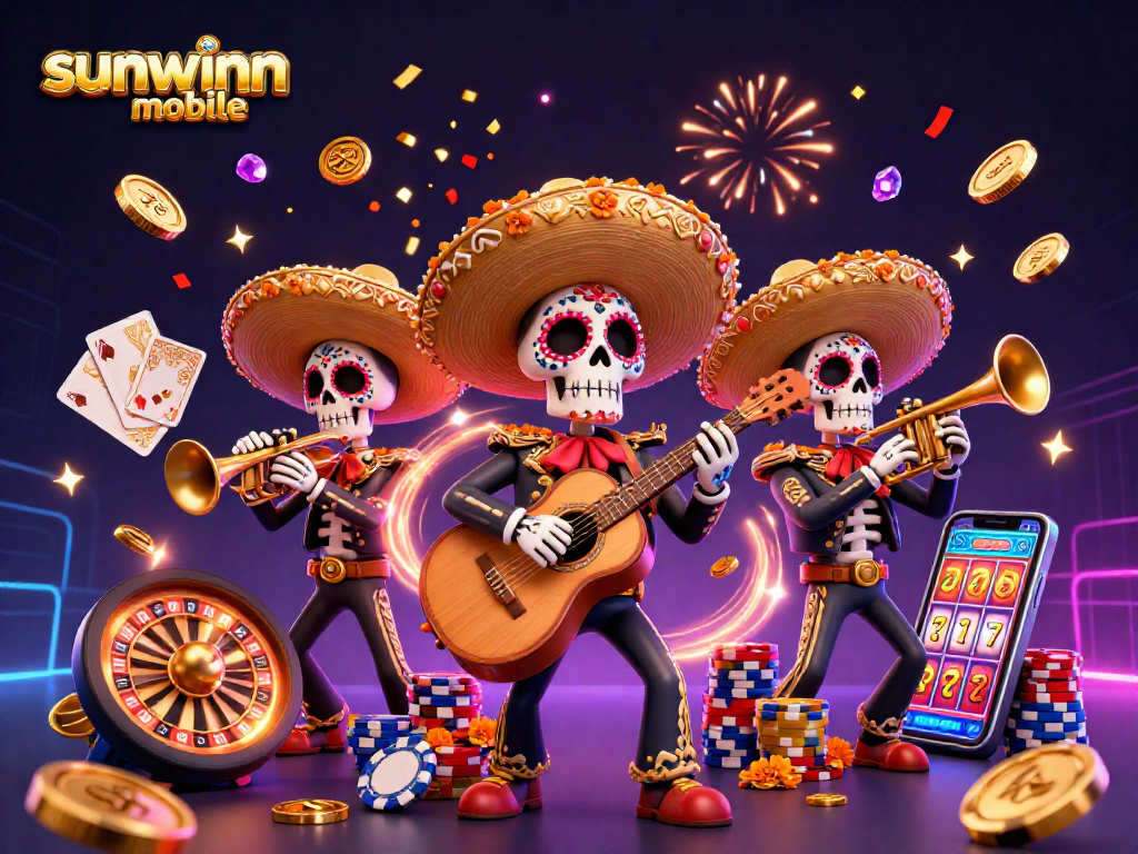 Experience thrilling gameplay at sunwinn mobile with vibrant Day of the Dead characters celebrating around casino elements.