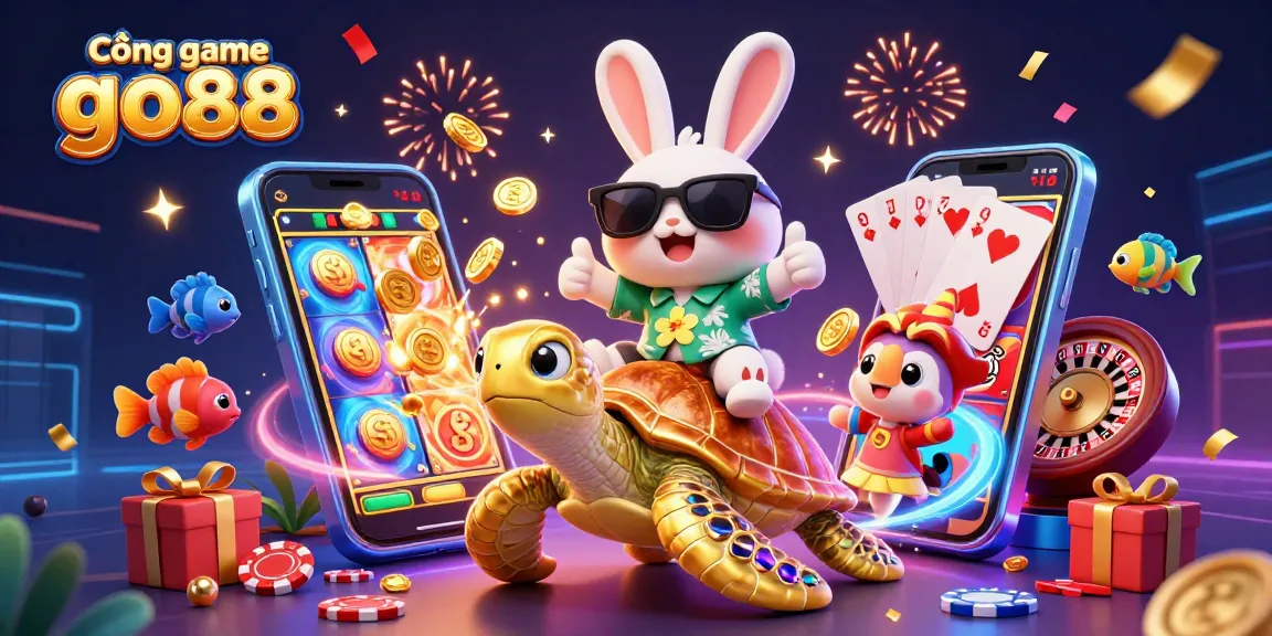 Cổng game go88 showcases a vibrant scene with a lucky rabbit character and a golden turtle celebrating casino gaming excitement.