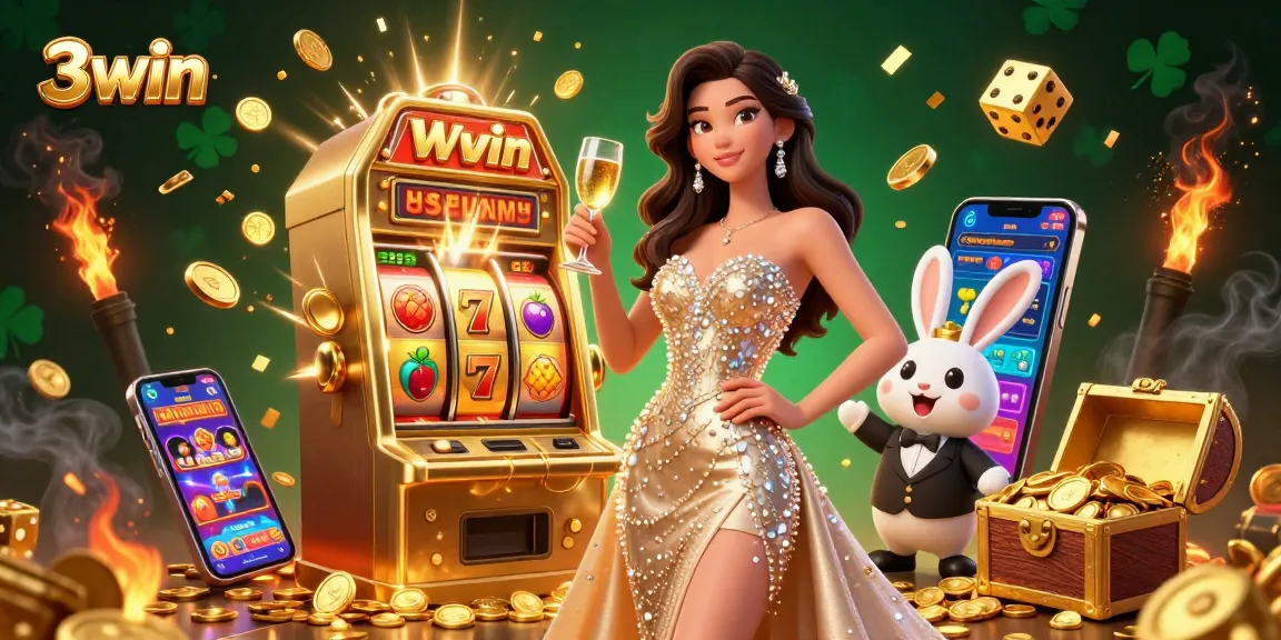 Experience the thrill of a jackpot with 3win's stunning 3D casino scene, featuring a glamorous woman and a croupier.