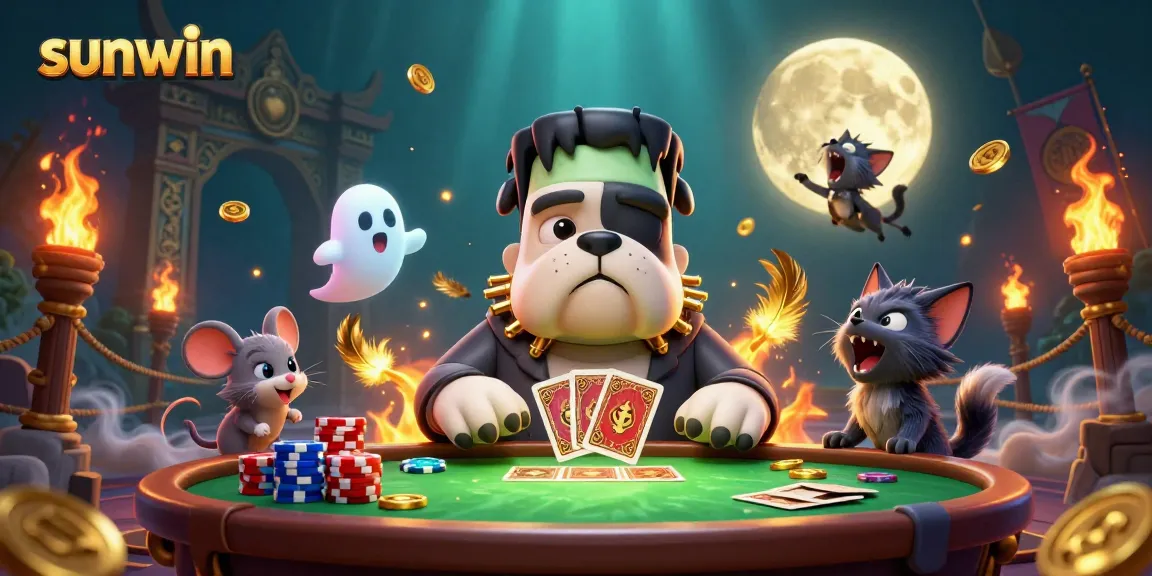 Experience thrilling gameplay with Sunwin, featuring a Frankenstein bulldog dealer in a vibrant casino setting