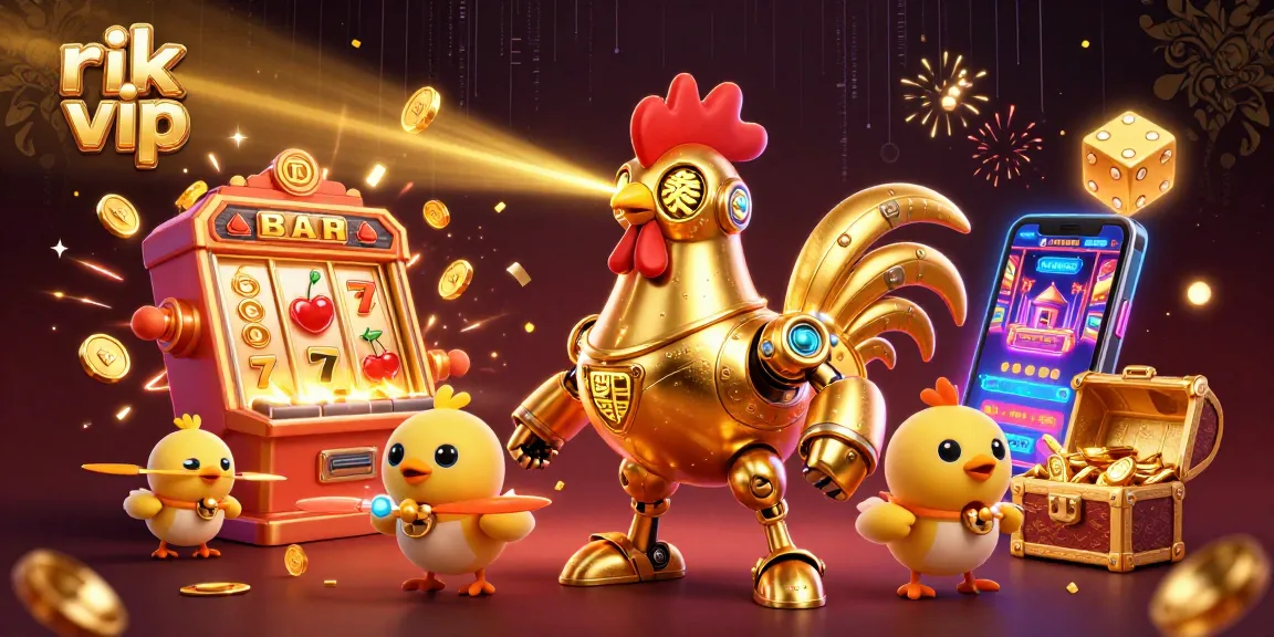 Play exciting slots with rik vip as golden rooster robot engages in a jackpot explosion!