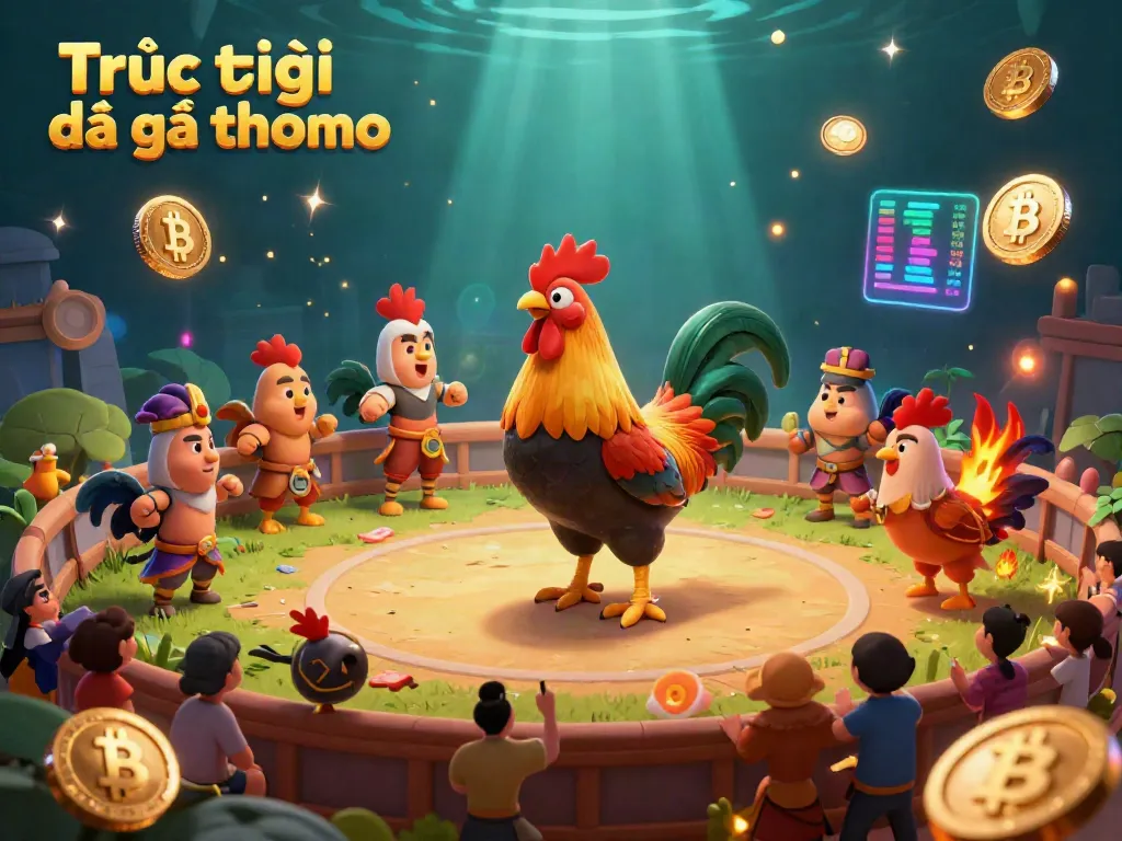 Experience the thrilling Trực tiếp đá gà thomo action at a dynamic cockfighting arena with vibrant elements and crypto displays.