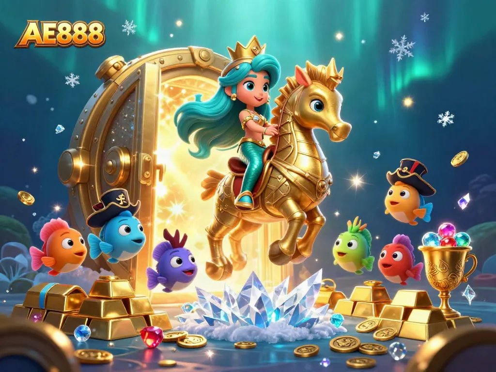 Engage in thrilling gaming with AE888's vibrant underwater adventure featuring a mermaid and treasures.