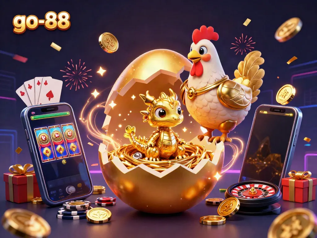Experience exhilarating wins with go-88 in this vibrant 3D illustration featuring golden dragon and poker chips.