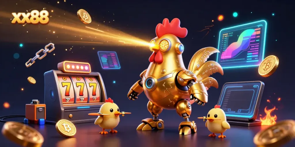 Engage with slot action at xx88 featuring a golden rooster robot and drones amidst glowing coins and vibrant effects.