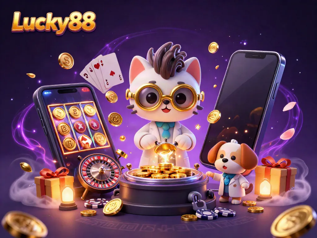 Experience the thrill of Lucky88 with a vibrant 3D casino scene featuring dynamic characters, slot games, and golden rewards.