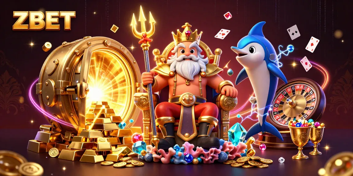 ZBET showcases a vibrant casino scene with Neptune and treasures in a colorful 3D illustration.