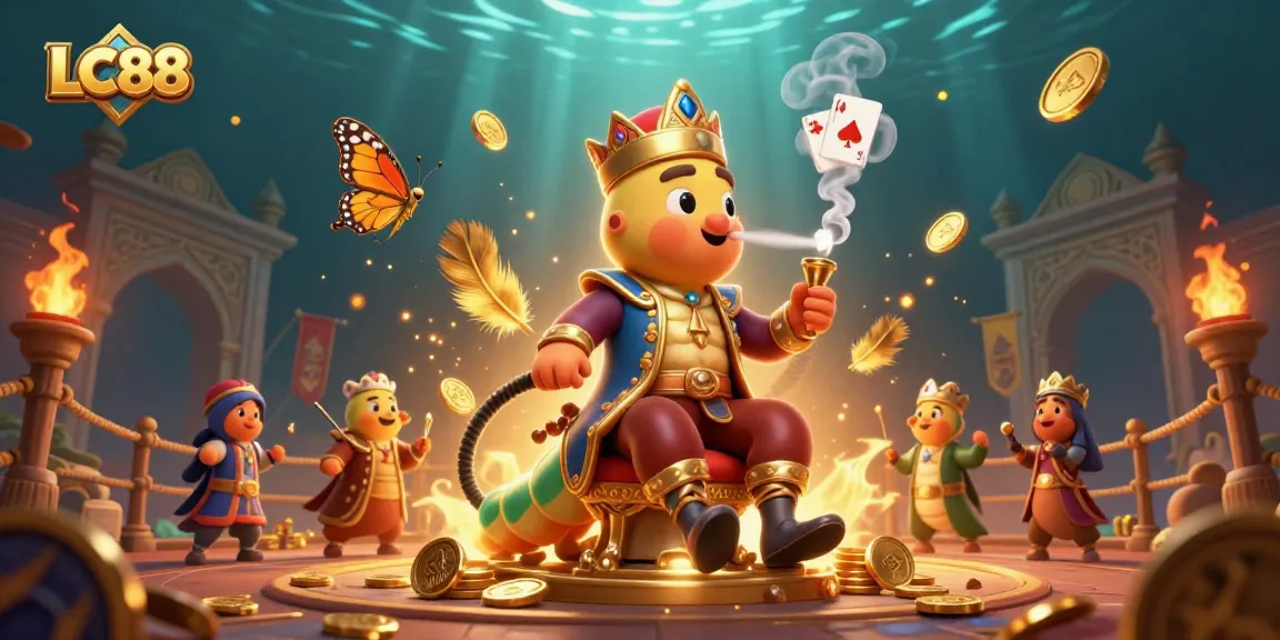 Experience the excitement of LC88 with vibrant gaming elements and a captivating caterpillar hookah-master scene.
