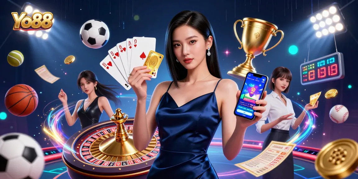 Yo88 offers thrilling gaming experiences with a stunning woman showcasing a casino app and a golden chip.