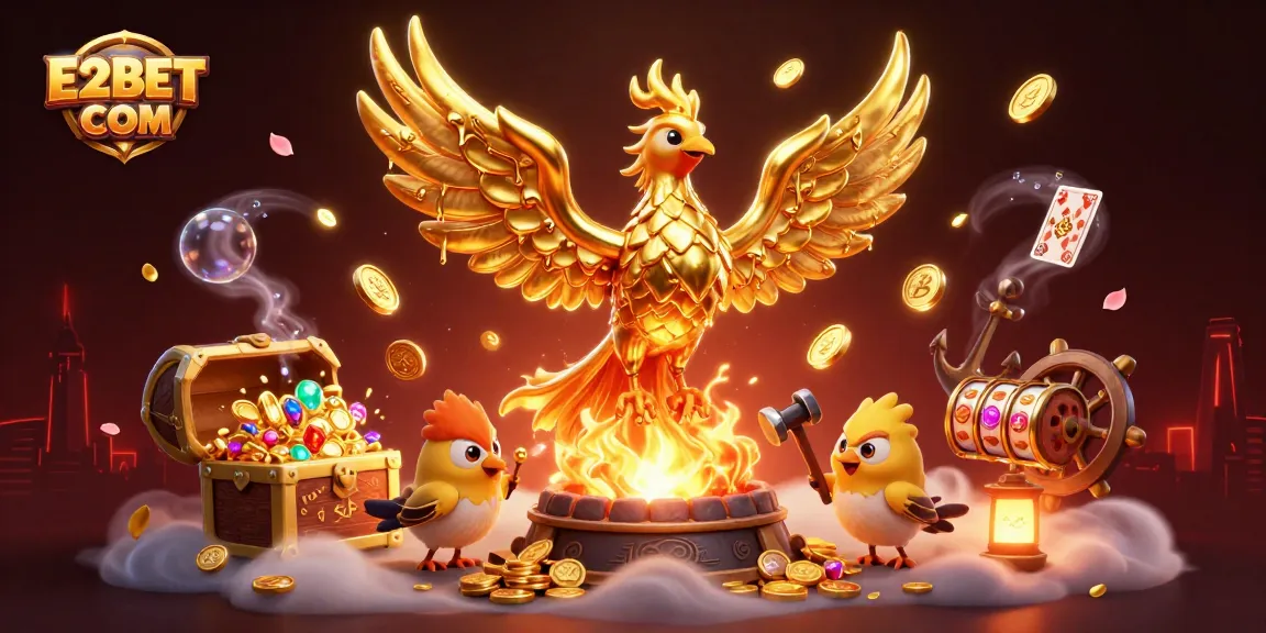 Engage with E2BET COM, featuring an elaborate casino scene with a mythical golden phoenix and dynamic gaming elements.