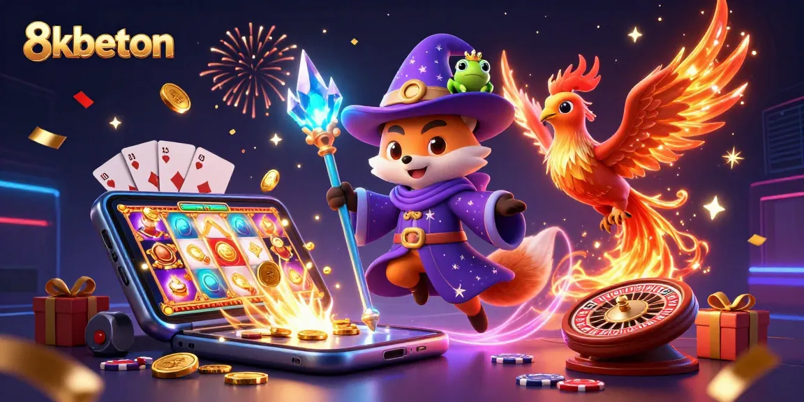 Experience the exciting world of 8kbeton with a magical illustration of casino games and winning elements.