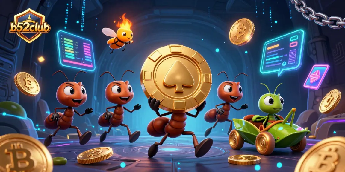 Join the thrilling adventure with b52club as ants carry a giant poker chip through a vibrant underground escape.