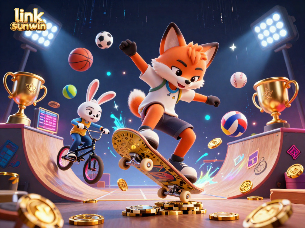 Play exciting games on link sunwin while a fox kickflips over poker chips