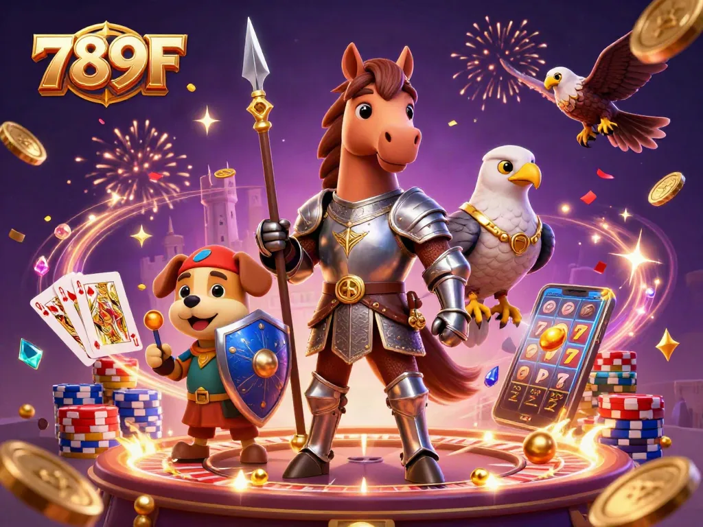 Experience thrilling wins with 789F as the knight, puppy, and falcon engage in vibrant casino action.