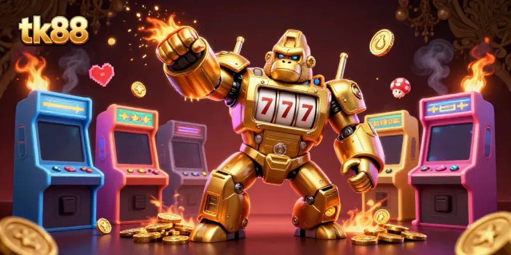 Experience big wins with tk88 as the golden gorilla mech roars and coins explode in a vibrant casino adventure.