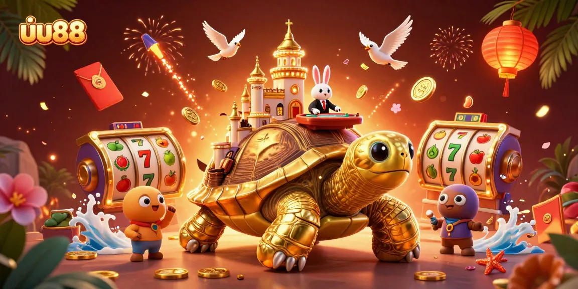 Experience the vibrant world of uu88 with a dynamic 3D illustration showcasing a golden tortoise casino.