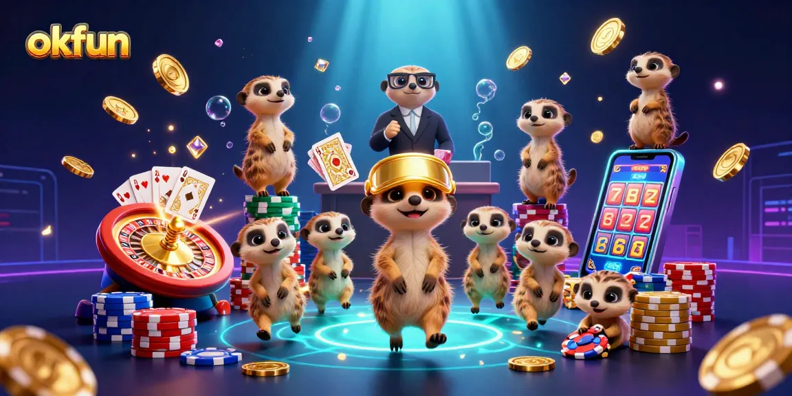 Experience thrilling gameplay with okfun at an engaging casino run by meerkats, amid coins and colorful chips.