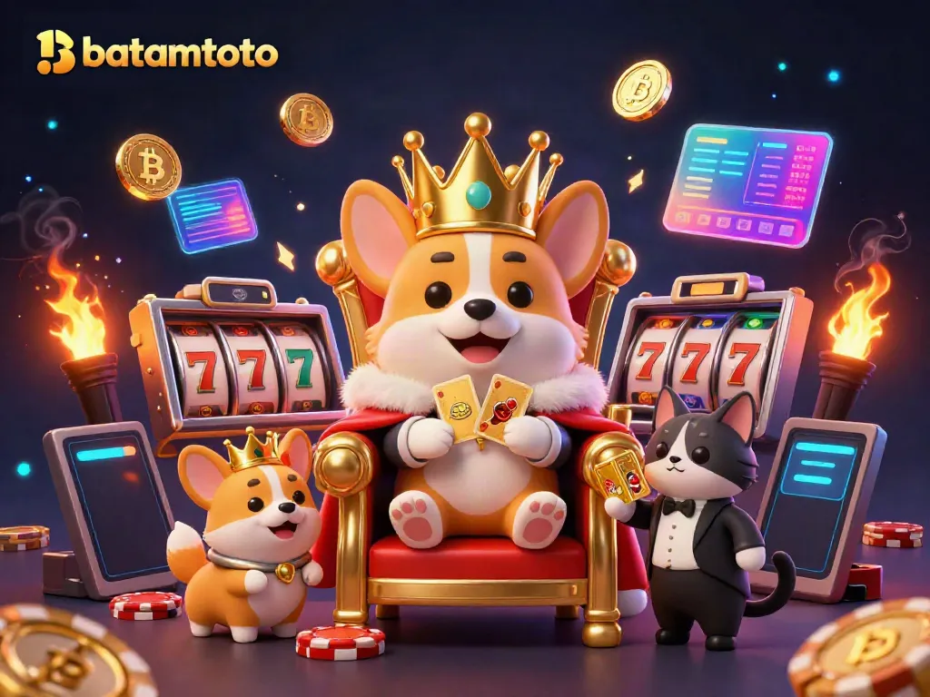 Engage with batamtoto and experience royal gaming with a corgi and cat butler amid vibrant casino elements.