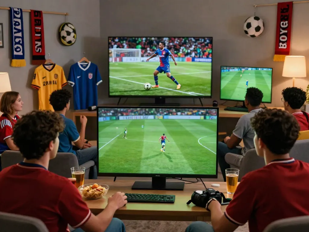 Football fans intensely engaged in a live sports stream at home on Xoilactv, showcasing excitement and camaraderie.