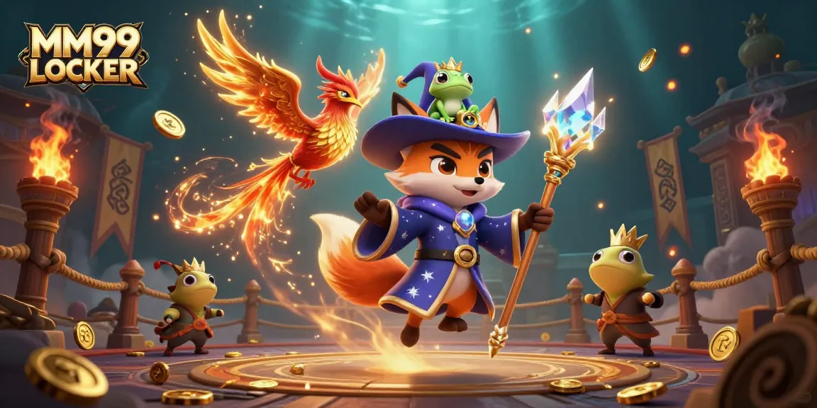 Engage with the MM99 LOCKER environment, where a wizard and phoenix conjure elemental powers in a vibrant casino.