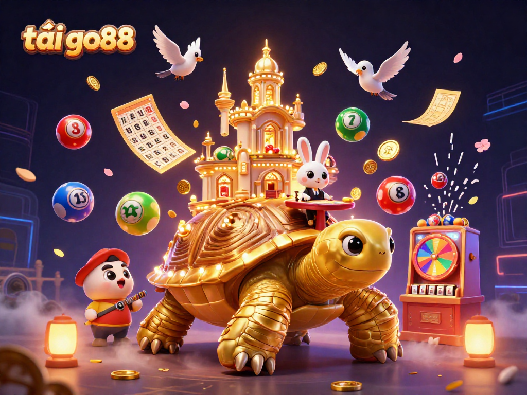 Engage with the vibrant scene featuring tải go88, a casino palace on a golden tortoise with a rabbit dealer.