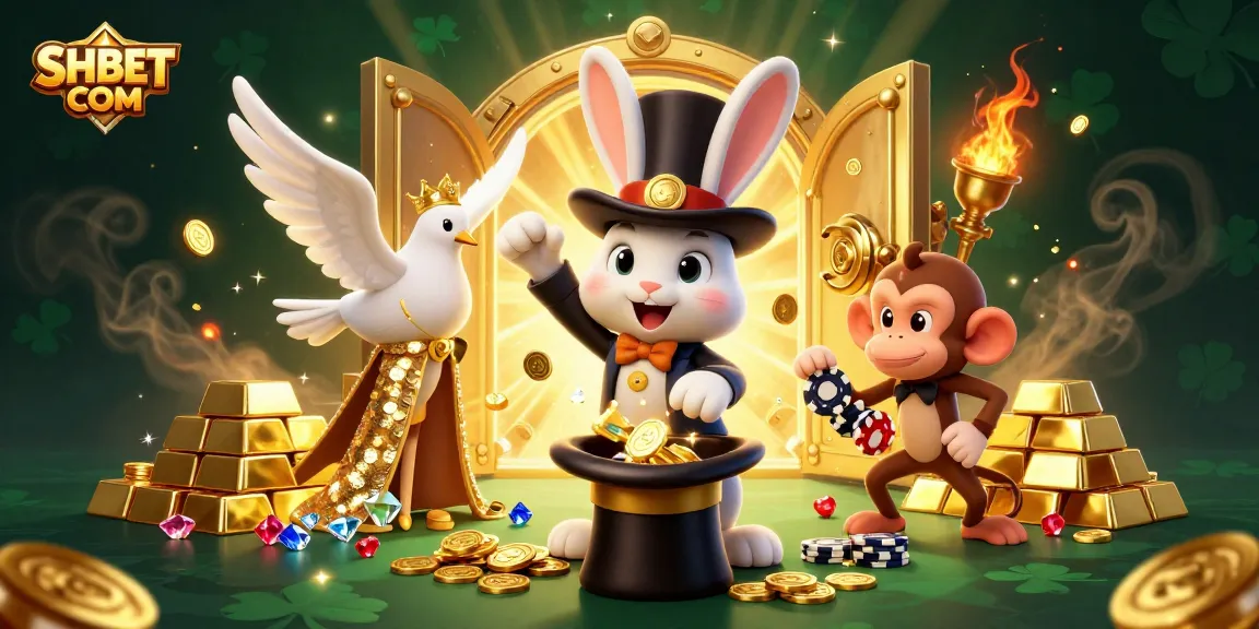 Engage in thrilling wins with SHBET COM as a magician rabbit conjures golden coins and lively casino elements.