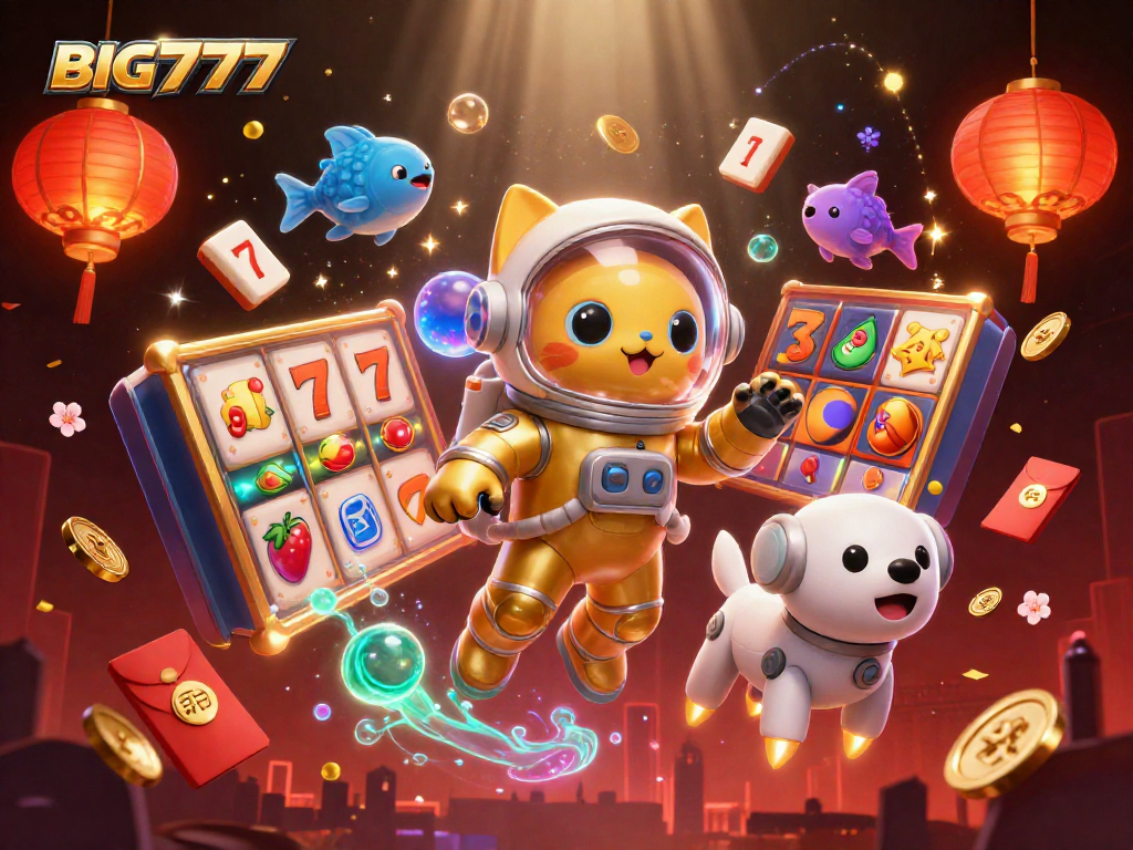 Play exciting slots with BIG777 featuring a cat astronaut and robot dog in a vibrant casino scene.