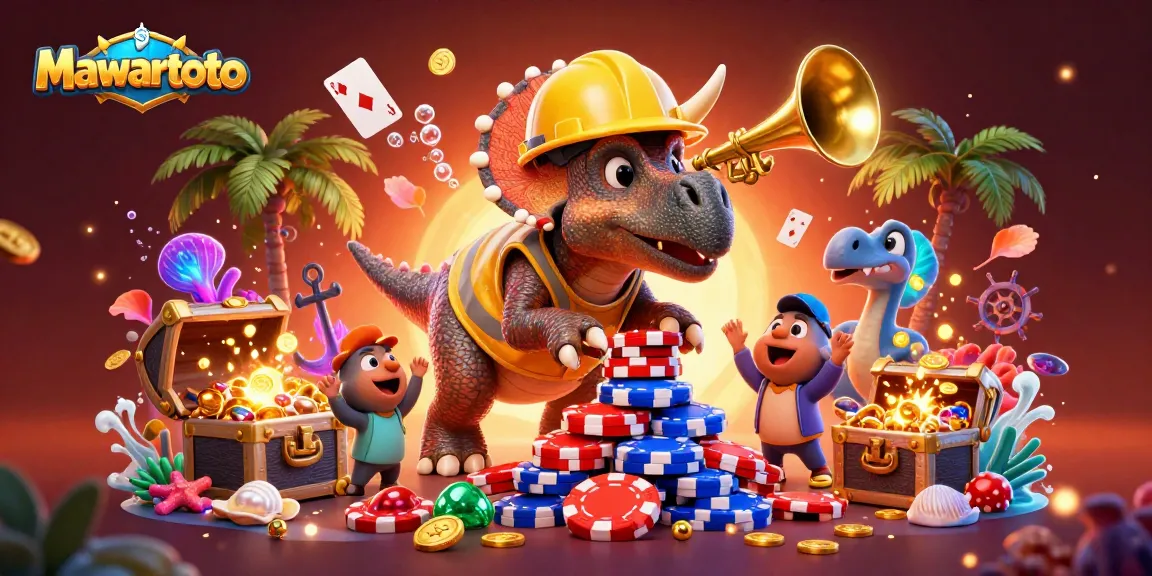 Mawartoto celebrates with a triceratops and friends amid poker chips and gold coins.