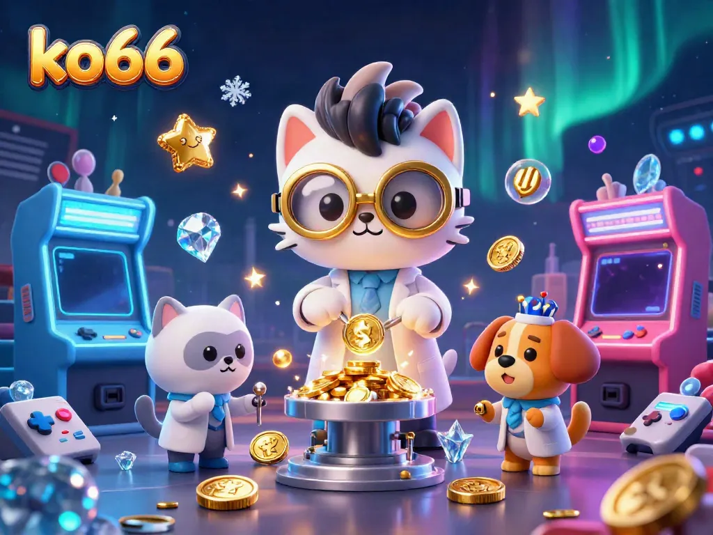 Engage with thrilling games at KO66 featuring a mad scientist cat and a dog in an electrifying casino scene.