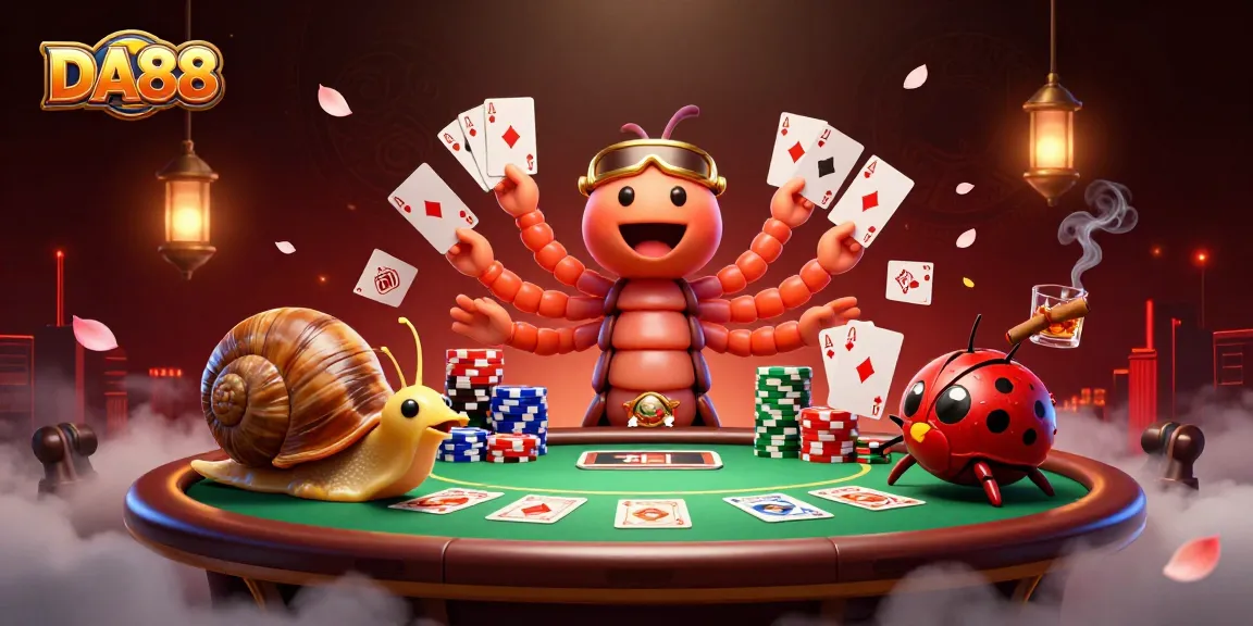 Engage with DA88 as the millipede dealer showcases winning poker cards in a vibrant casino.