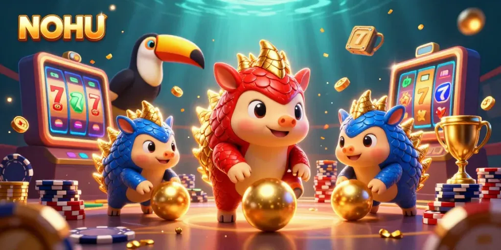 NOHU celebrates winning moments with exciting slot reels and colorful pangolin characters in action