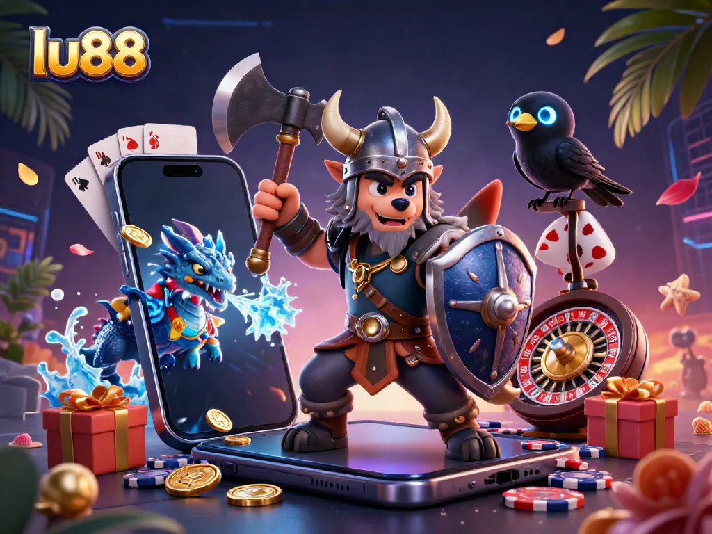 Engage with lu88's vibrant gaming world featuring a Viking warrior, fierce dragon, and dynamic slot game elements.