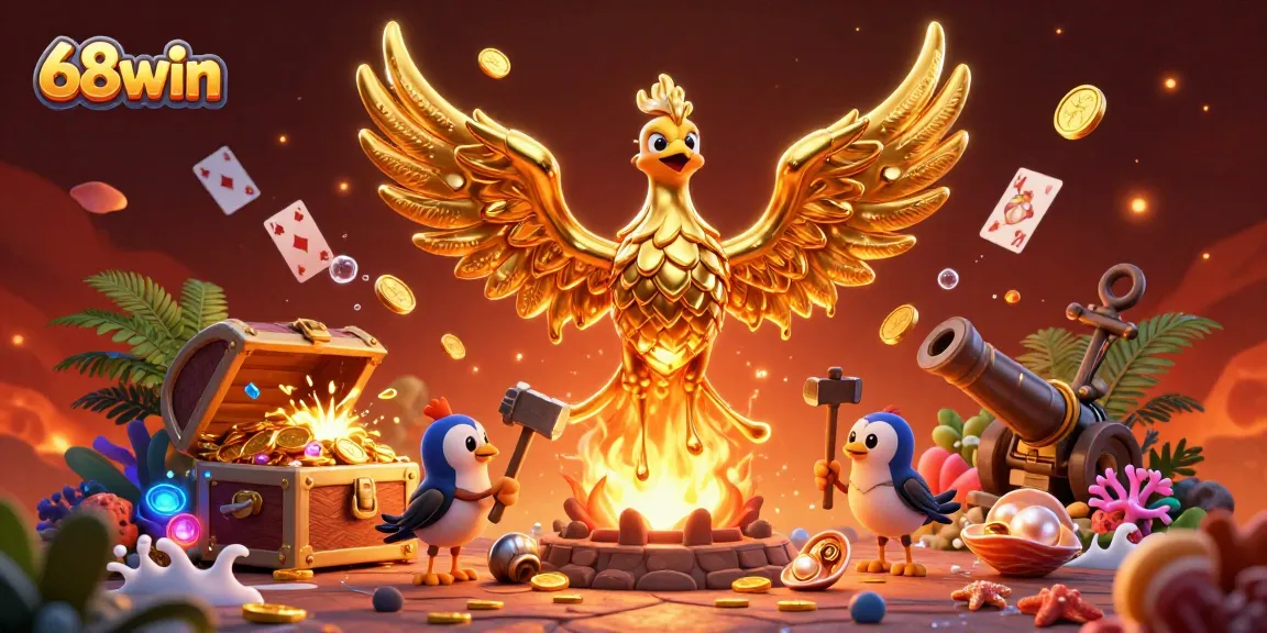 Engage in thrilling gameplay at 68win with an epic scene showcasing a golden phoenix and treasure.