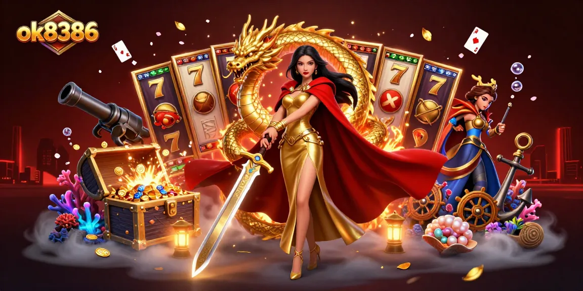 Engage with ok8386's vibrant gaming world featuring slots, treasure, and a warrior queen.