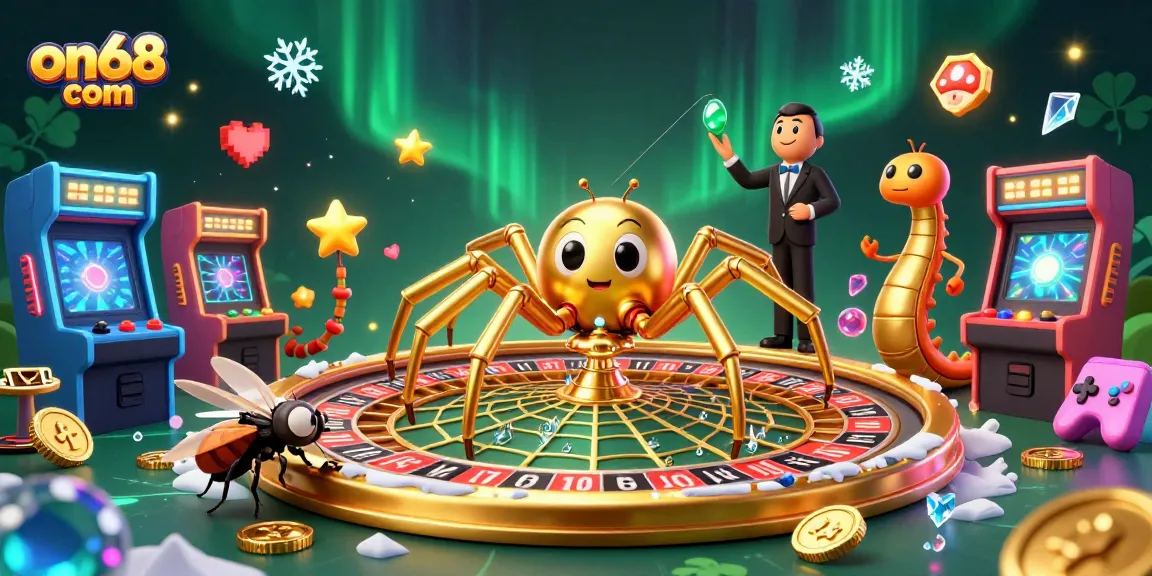 Place bets at on68 com with an interactive casino scene featuring a golden roulette web and engaging croupiers.
