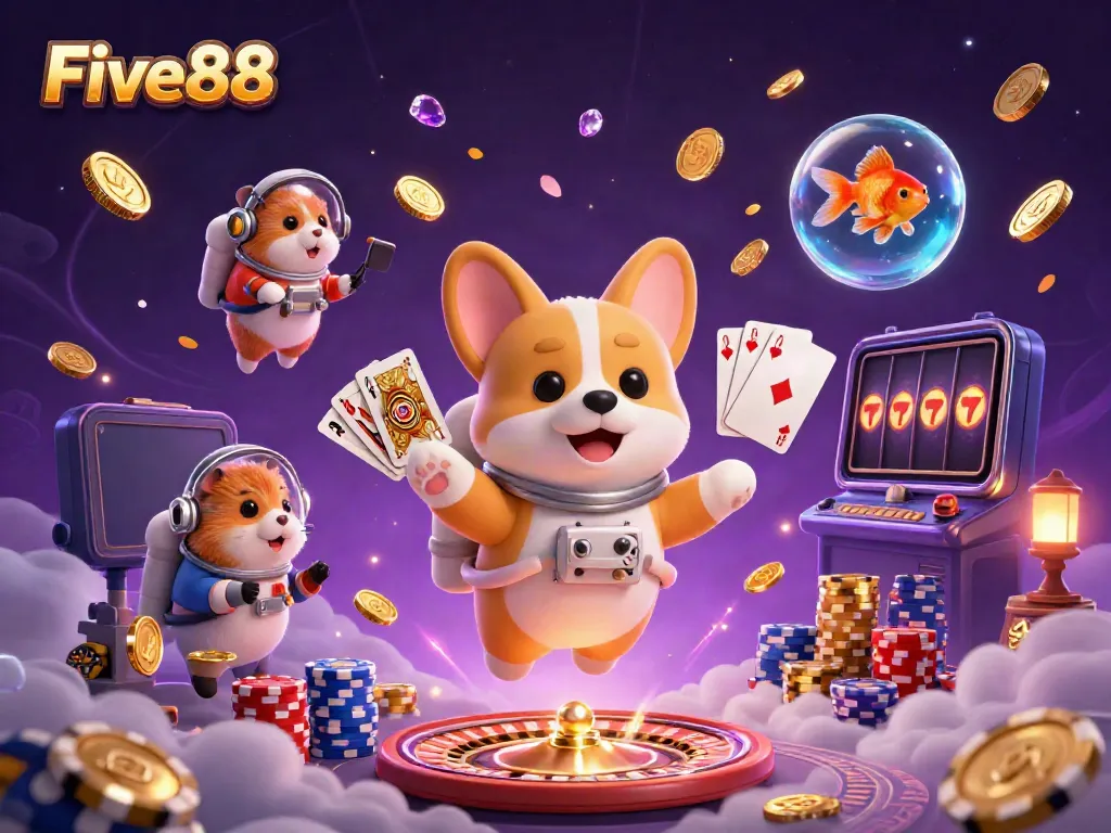 Experience the excitement at Five88 casino with a whimsical 3D scene featuring an astronaut corgi surrounded by floating coins, cards, and a hamster controller.
