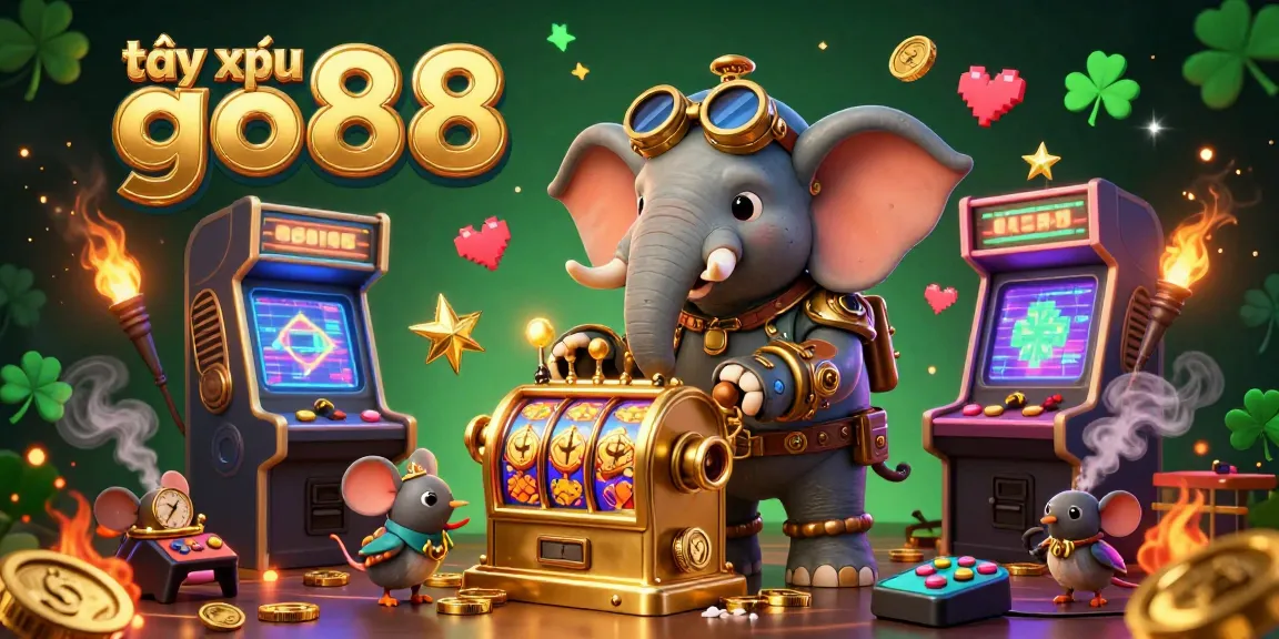 Engage in tài xỉu go88 gameplay with a charming steampunk elephant operating a slot machine, surrounded by vibrant gaming elements.