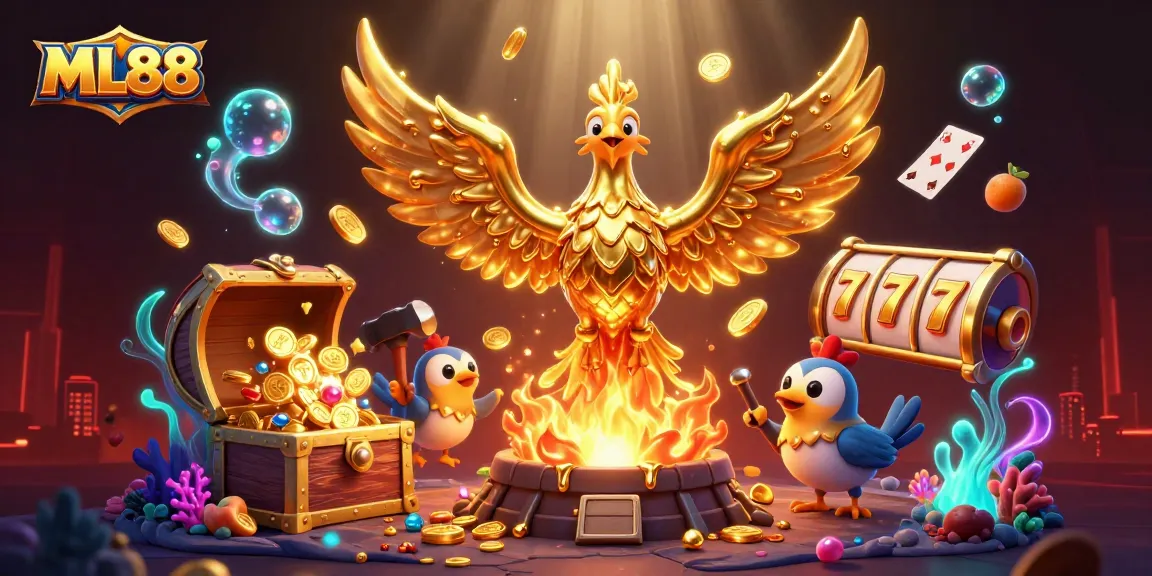 Engage with the excitement of ML88's dynamic casino scene featuring golden phoenix and winning symbols.