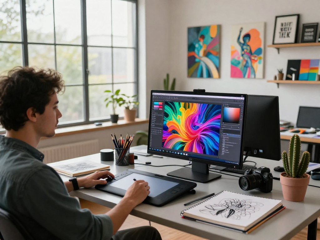 Creative professional using nsfw ai tools in a vibrant digital art studio, showcasing innovation and artistry.