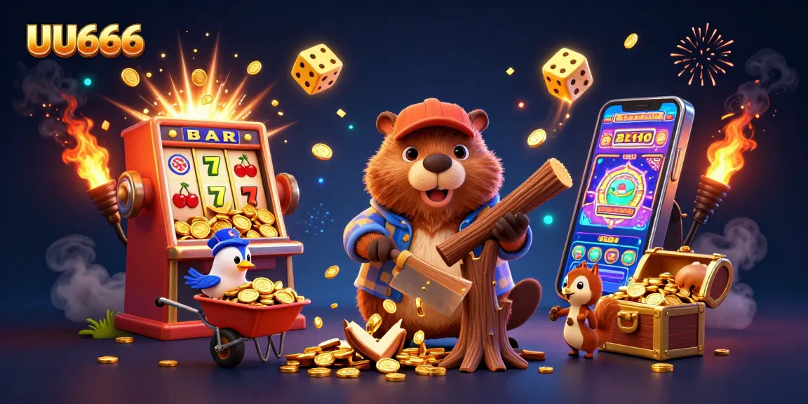 Experience an energetic UU666 online casino scene with cartoon beavers collecting colorful coins.