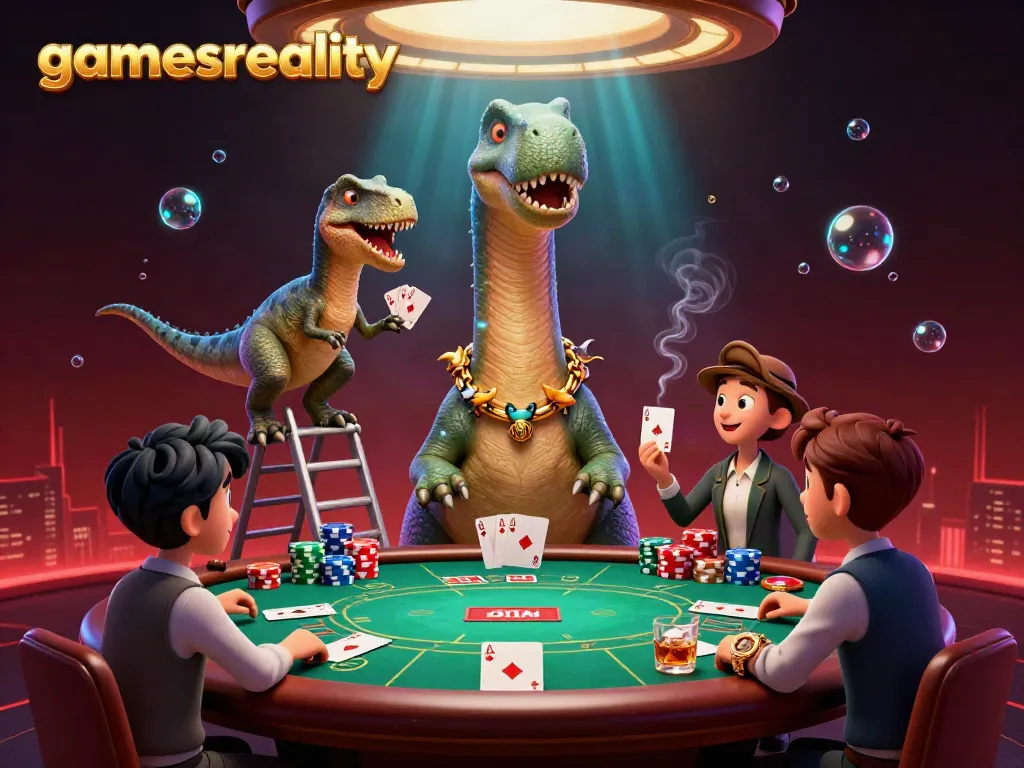 Engage in poker action with gamesreality at a whimsical casino scene featuring playful characters.