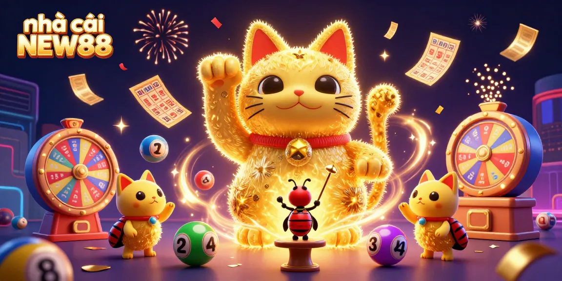 nhà cái NEW88 showcases dynamic 3D casino elements featuring a lucky cat, colorful lottery balls, and celebratory effects
