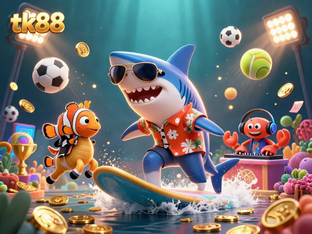 Win big at tk88 with a lively illustration featuring a hammer-head shark and vibrant casino elements.