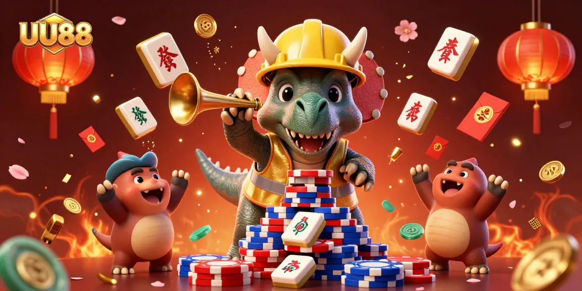 Engage with UU88's dynamic casino action as a triceratops and companions celebrate amid vibrant gaming elements.