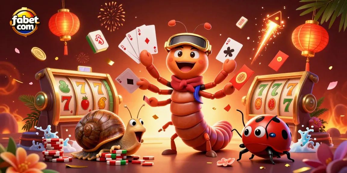 Engage with fabet com's vibrant casino scene featuring a millipede dealer and colorful slot elements.
