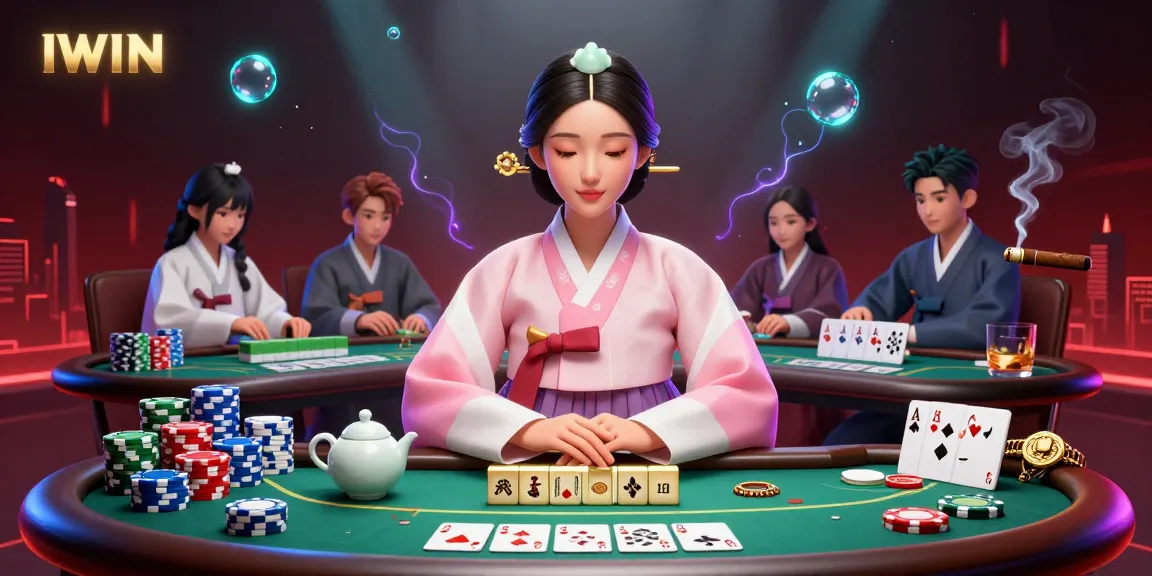 IWIN enhances gaming with a photorealistic Asian woman in hanbok, poker chips, and casino elements.