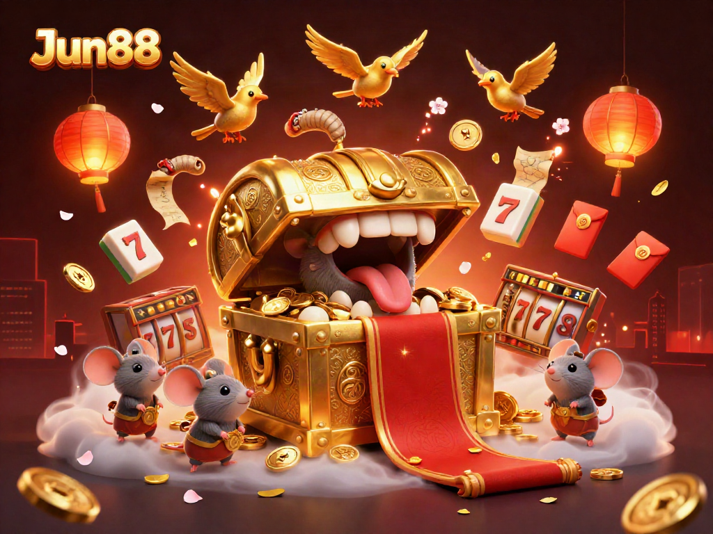 Experience thrilling wins with Jun88's golden treasure chest at a vibrant casino.