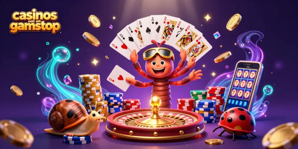 Play at casinos not on gamstop featuring unique characters dealer and high-roller amidst vibrant gaming elements.