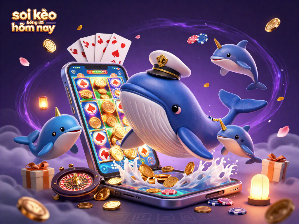 Soi kèo bóng đá hôm nay highlights a vibrant scene with playful dolphins and a golden-crowned narwhal