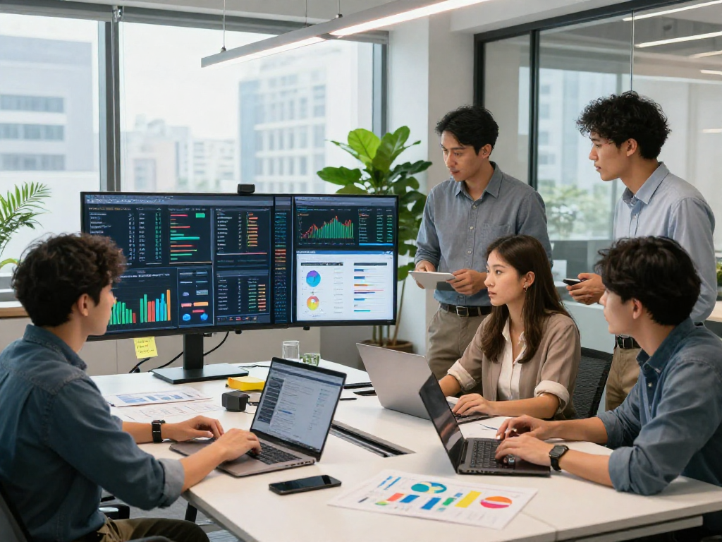 Marketing professionals collaborating on IDXSTAR analytics in a bright office.